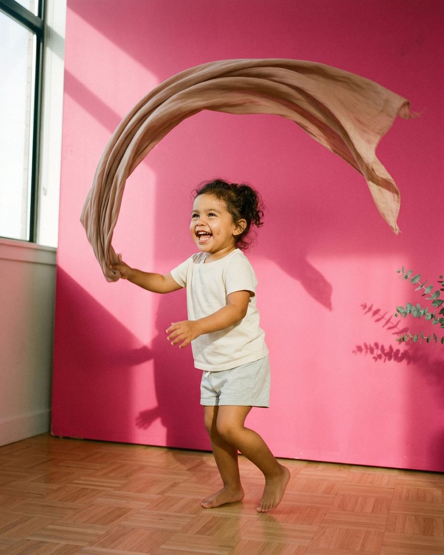 Kleinkind wirbelt mit Tuch lachend vor pinker Wand