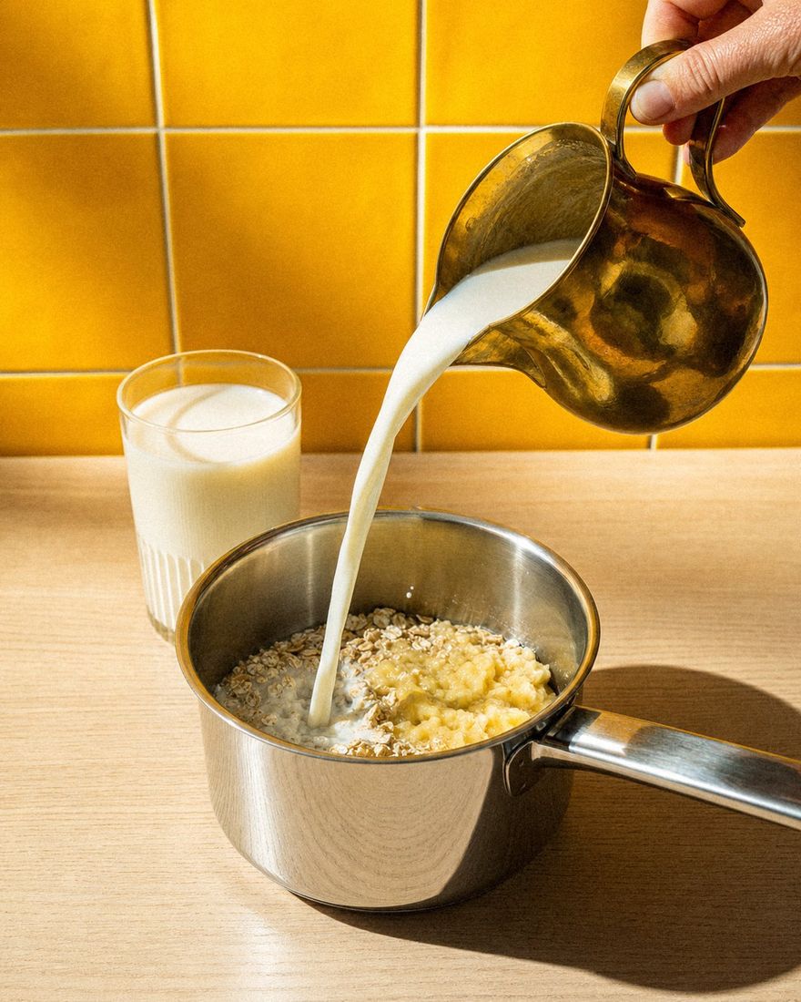 Milch wird aus Brass-Kännchen in den Topf gegossen