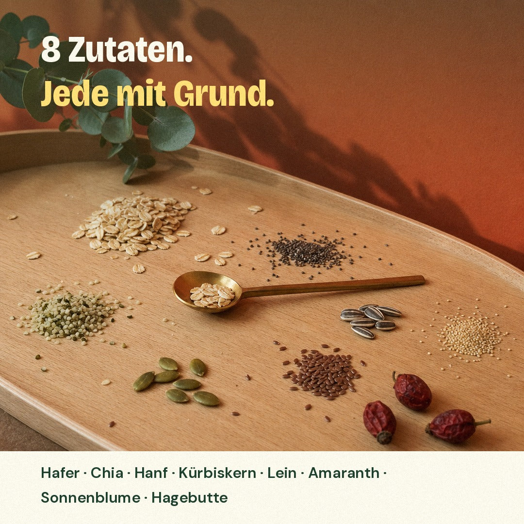Acht Bio-Zutaten von Kavoa Pur: Hafer, Chia, Hanf, Kuerbiskern, Lein, Amaranth, Sonnenblume, Hagebutte