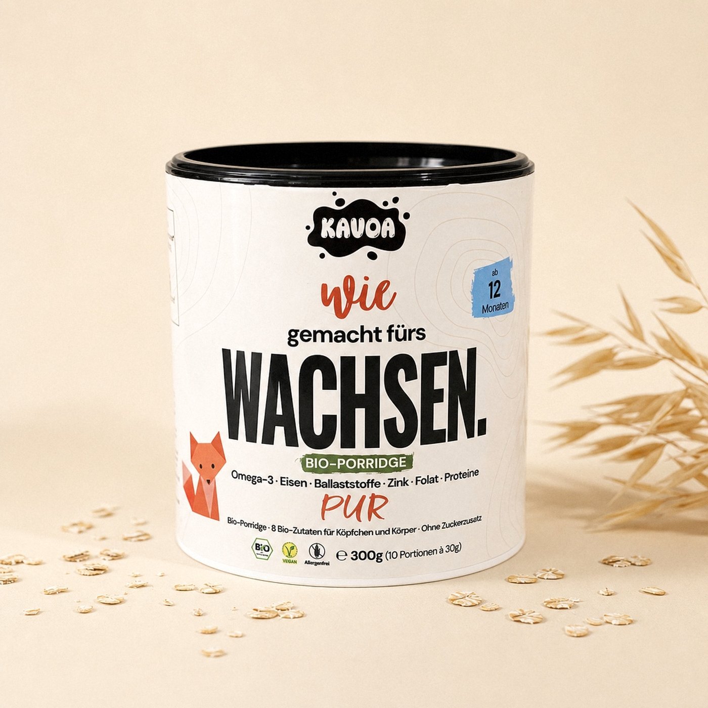 Kavoa Kinder Porridge Pur Dose mit schwarzem Deckel auf warmem Beige
