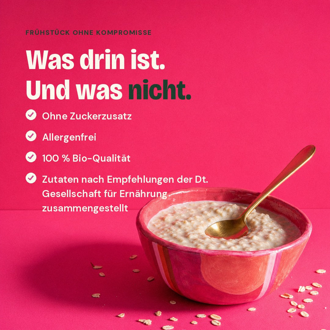 Ohne Zuckerzusatz, allergenfrei, 100 Prozent Bio, nach DGE zusammengestellt