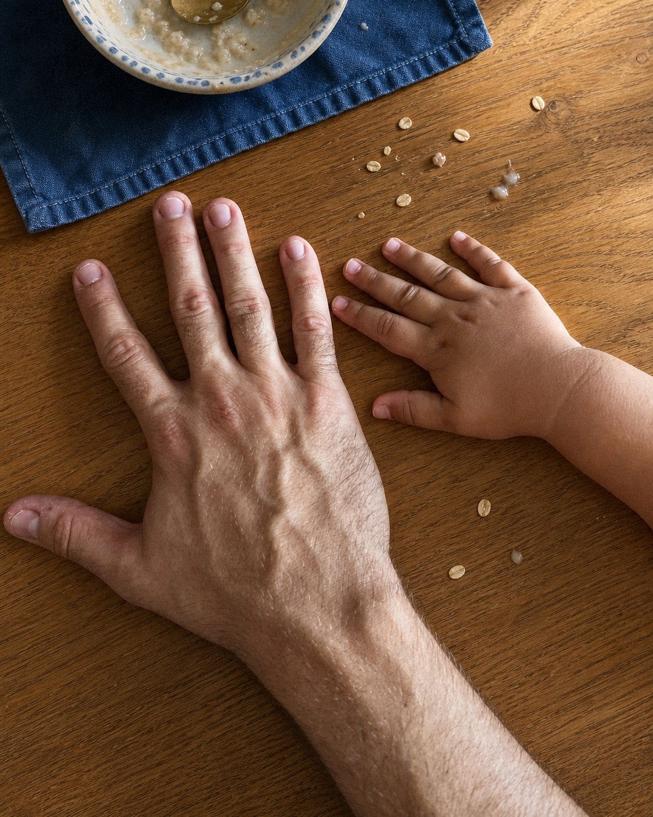 Vaterhand hält die kleine Hand seines Kindes am Frühstückstisch