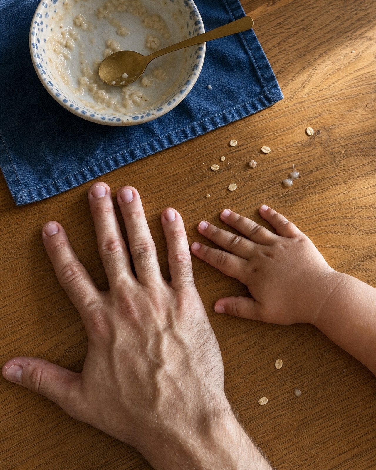 Vaterhand und Kinderhand am Frühstückstisch, daneben eine Schüssel Porridge